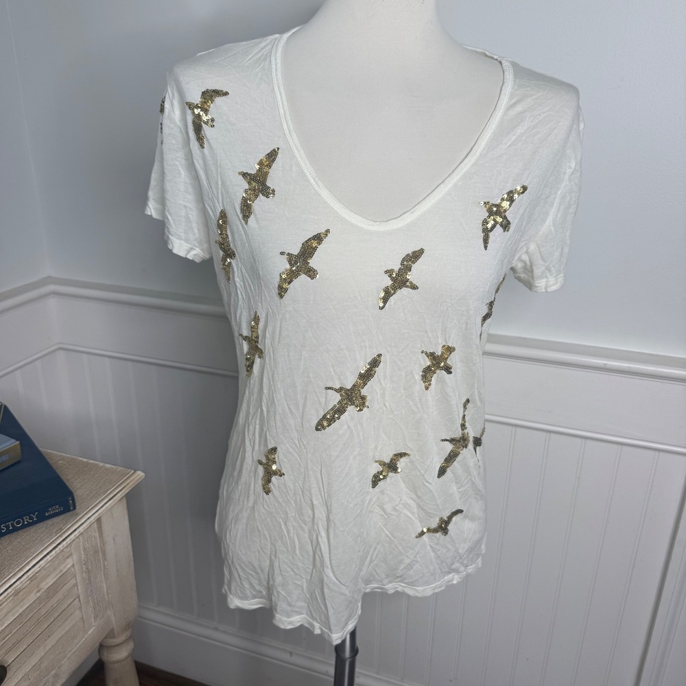 Tory Burch Ivory Modal Sequin Bird V-Neck T-Shirt XS Gold Nautical Coastal
